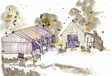 ink drawing of farm outbuildings