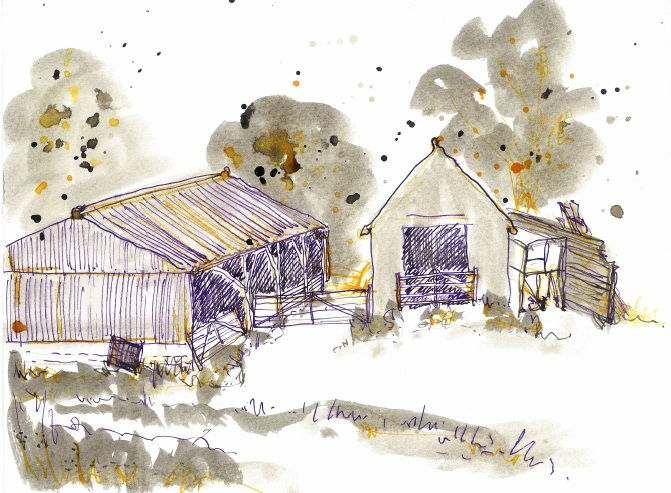 ink drawing of farm outbuildings