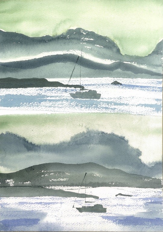 Watercolour of a boat against a mountain backdrop